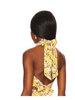 Something Navy Linen Blend Halter Top Open Back Tie Yellow Floral Crop M